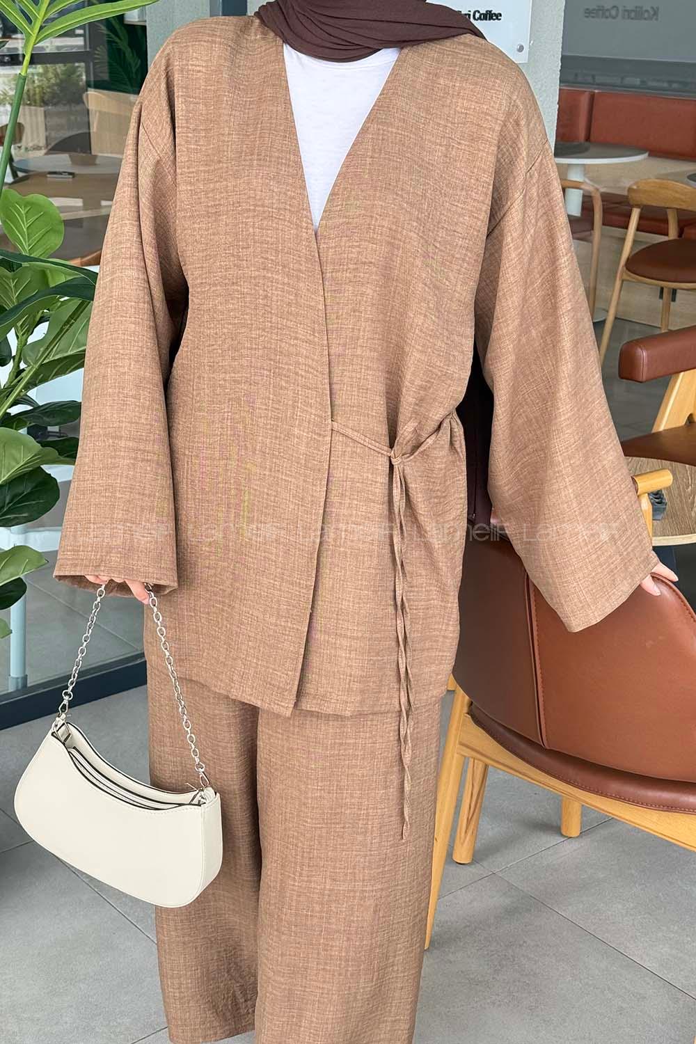 Lamelif Bağlama Detaylı Kimono Tesettür Takım Acı Kahve