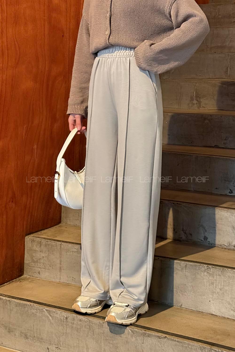 Gray Cotton Polyester Elastic Waist Comfortable Pants