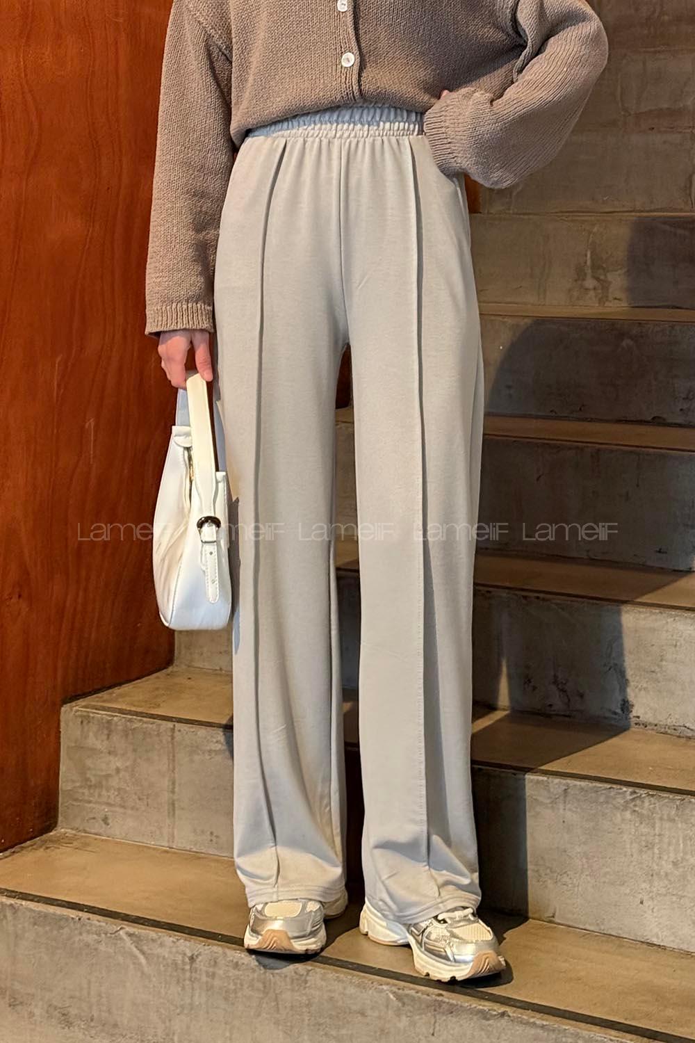 Gray Cotton Polyester Elastic Waist Comfortable Pants