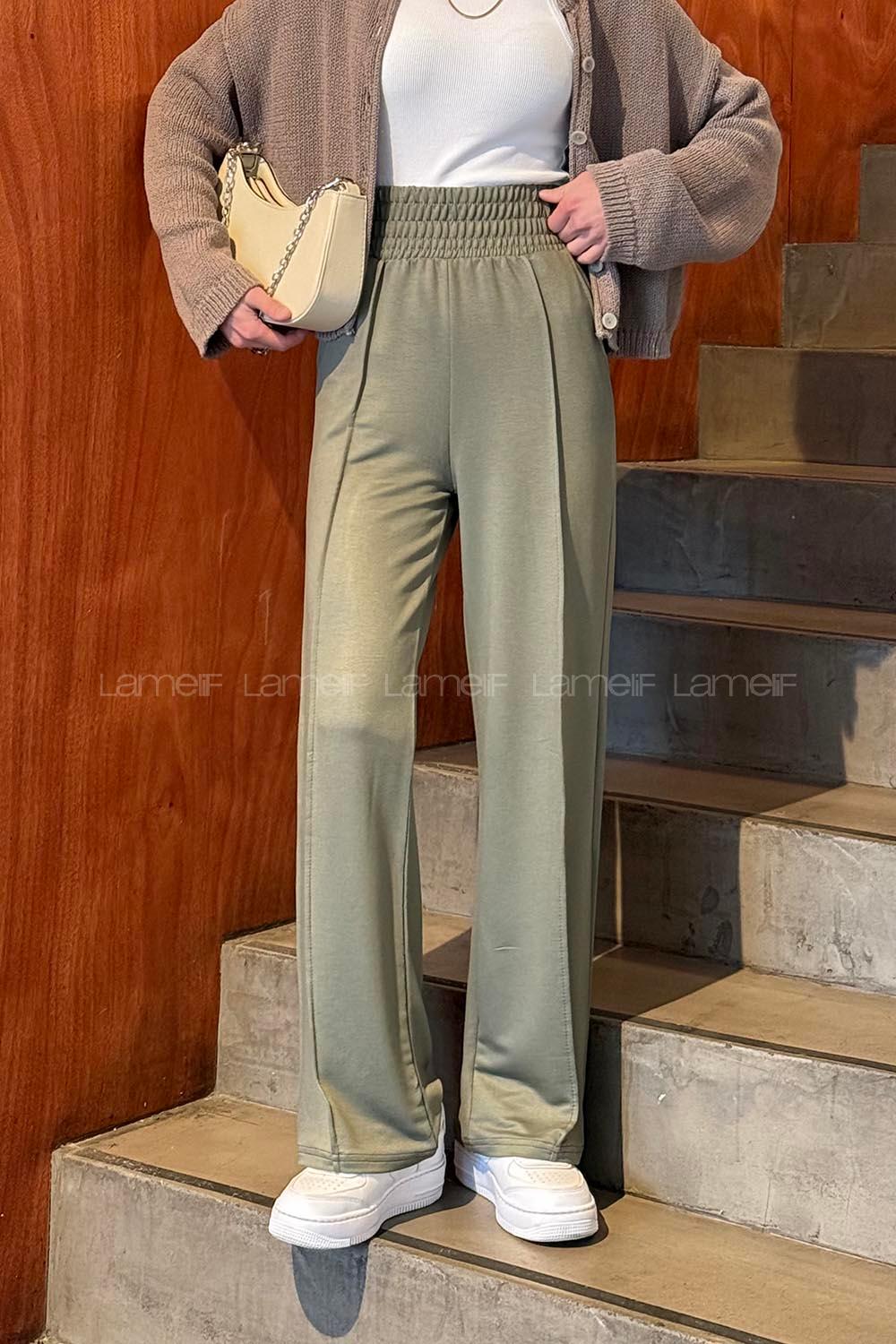 Khaki Cotton Polyester Elastic Waist Comfortable Pants