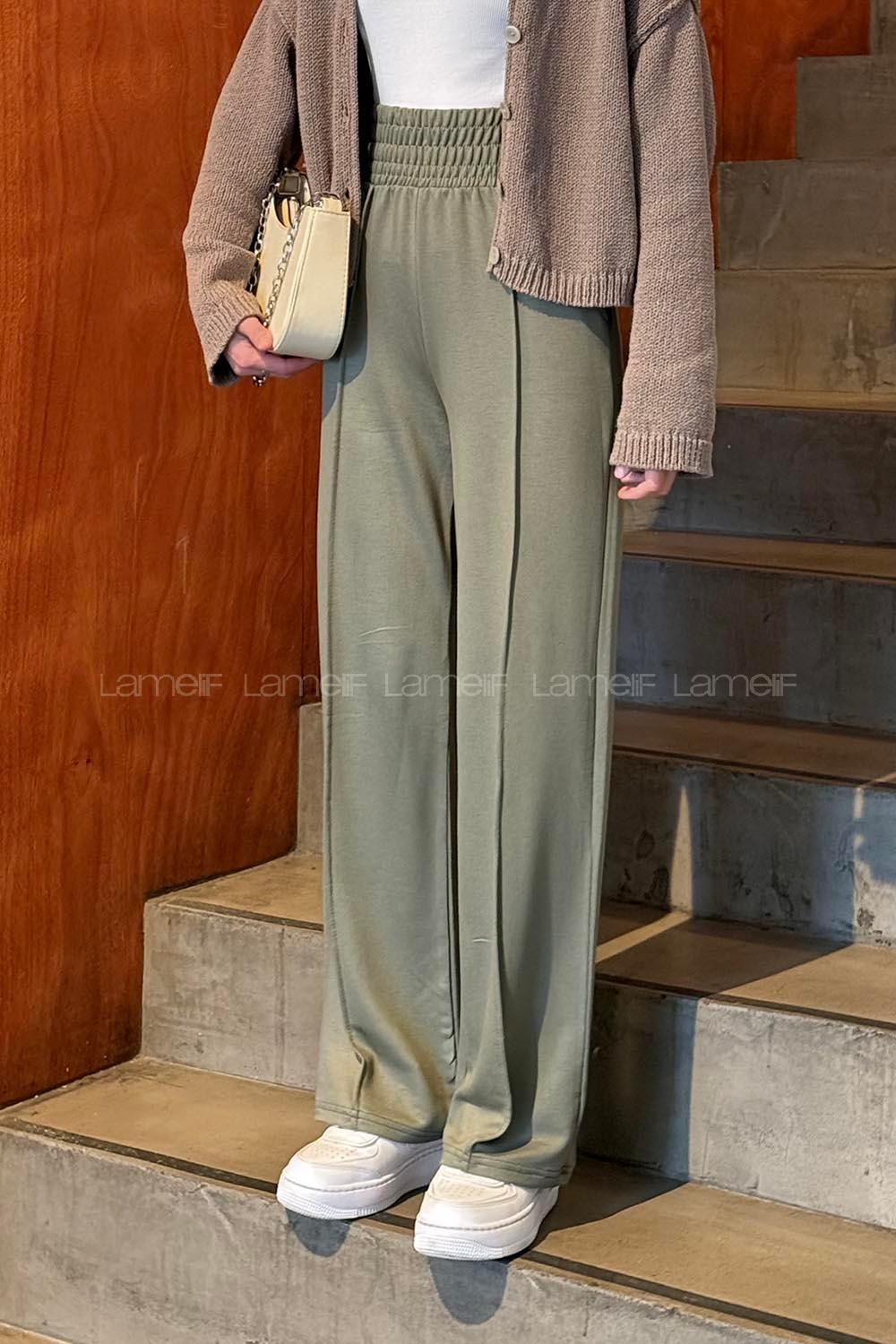 Khaki Cotton Polyester Elastic Waist Comfortable Pants