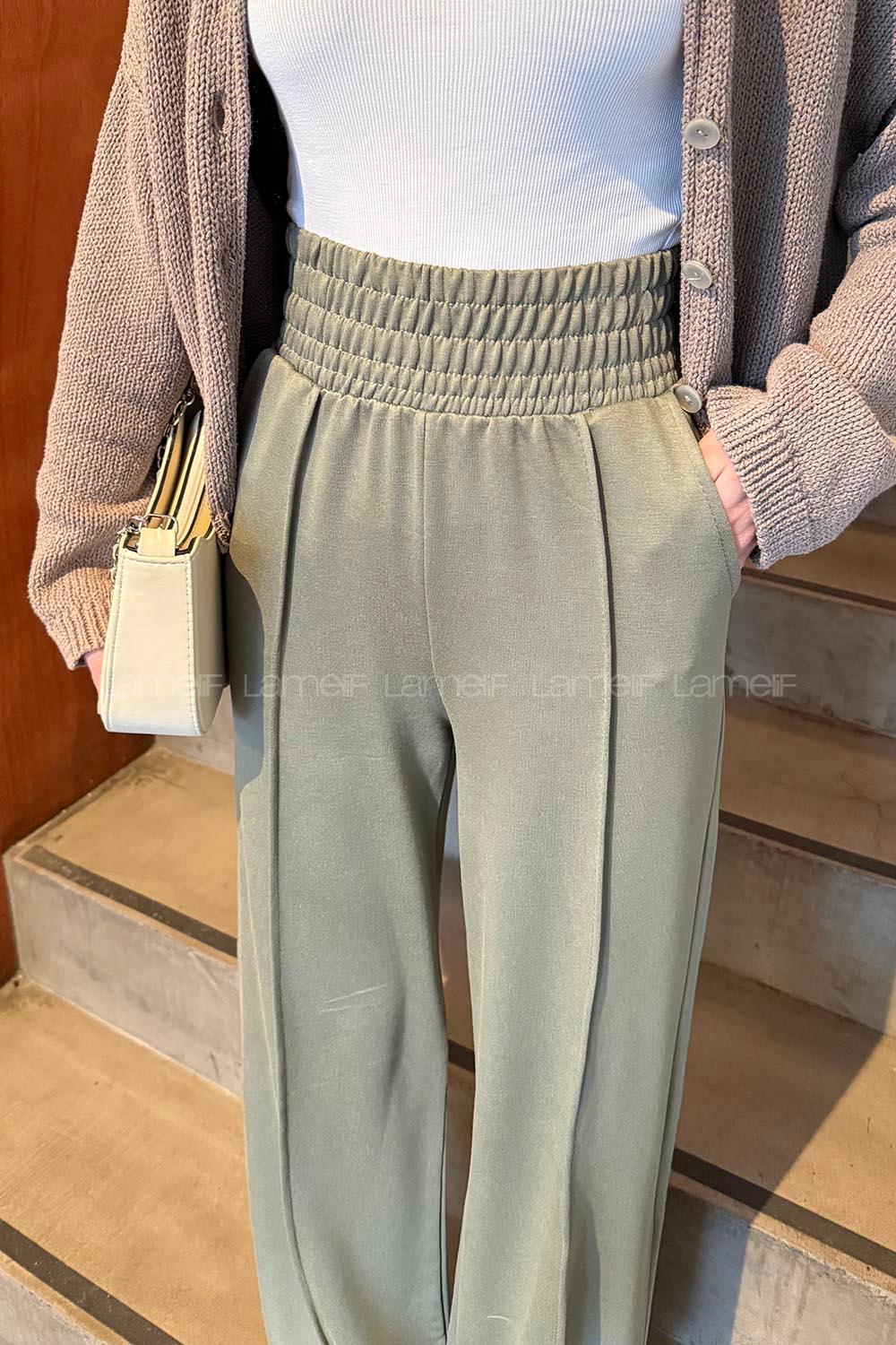 Khaki Cotton Polyester Elastic Waist Comfortable Pants