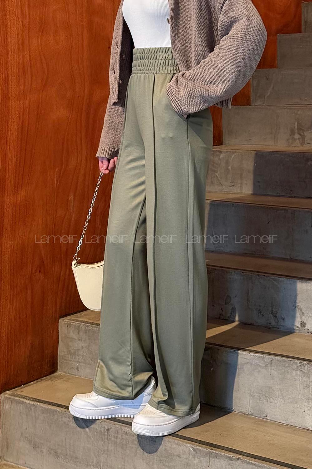 Khaki Cotton Polyester Elastic Waist Comfortable Pants