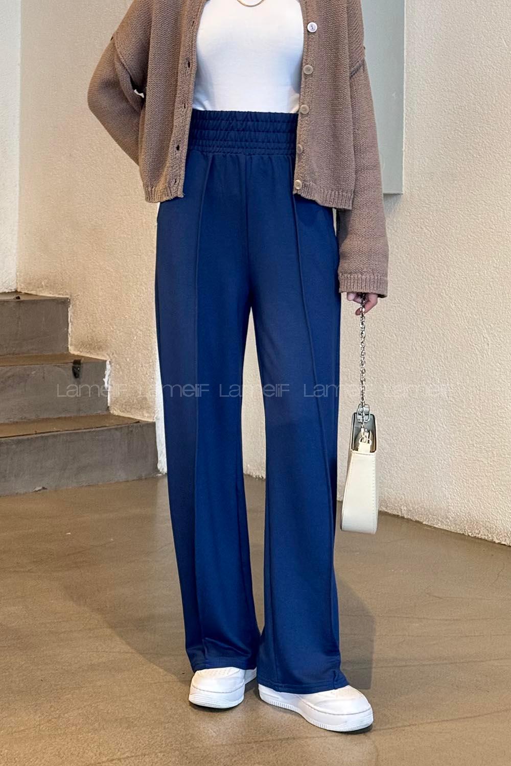 Navy Blue Cotton Polyester Elastic Waist Comfortable Pants