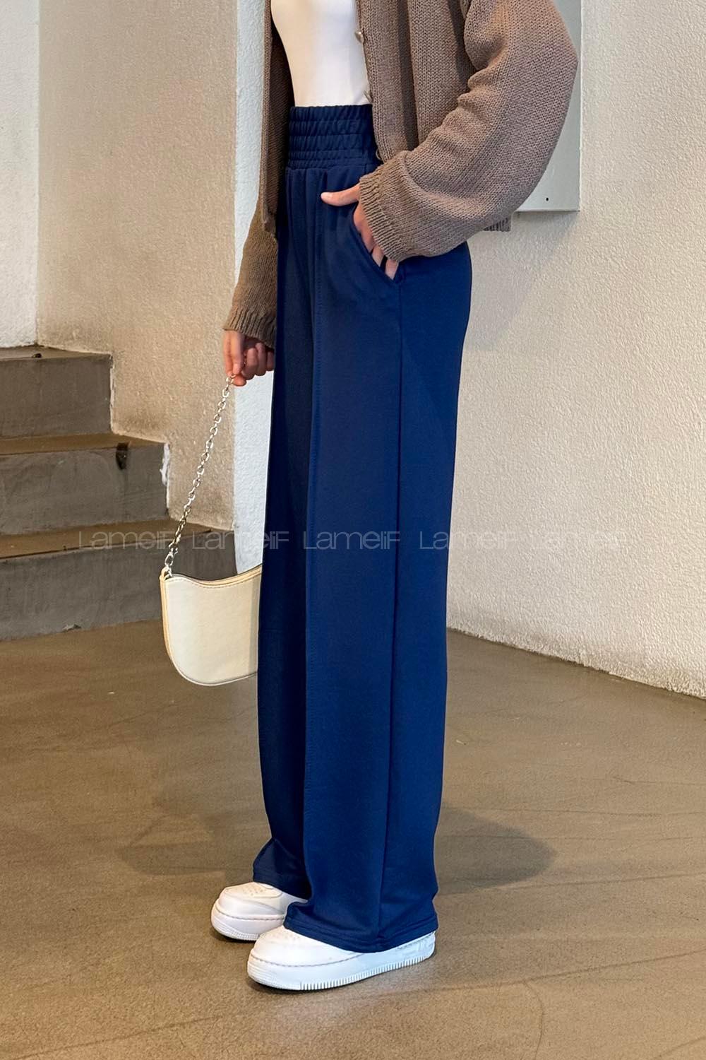 Navy Blue Cotton Polyester Elastic Waist Comfortable Pants