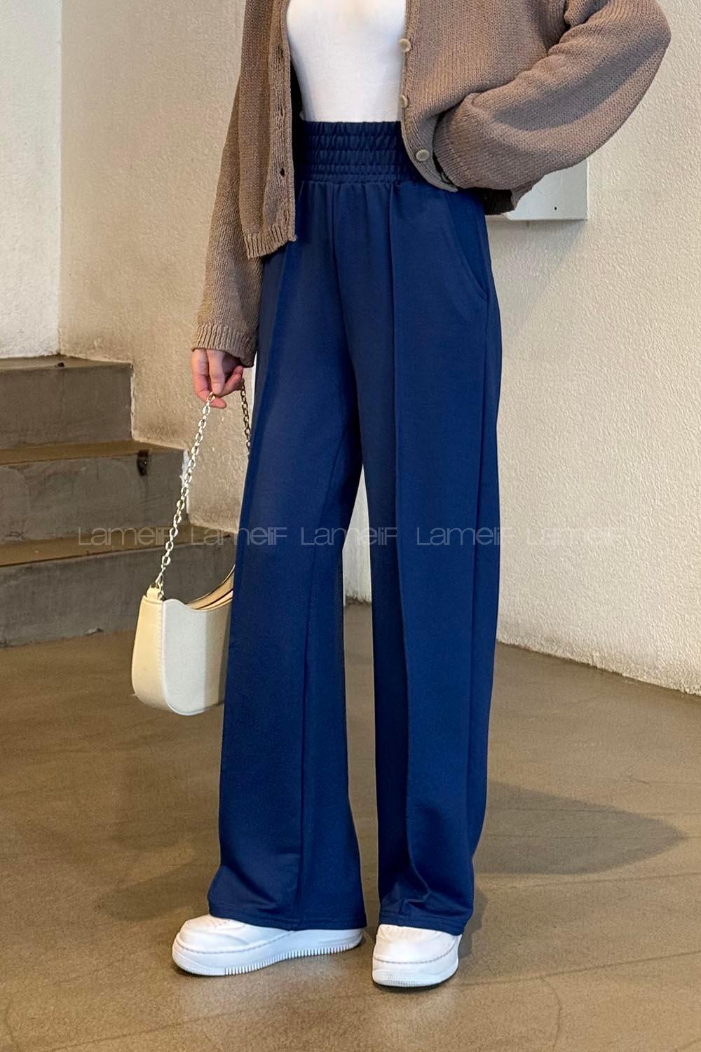 Navy Blue Cotton Polyester Elastic Waist Comfortable Pants