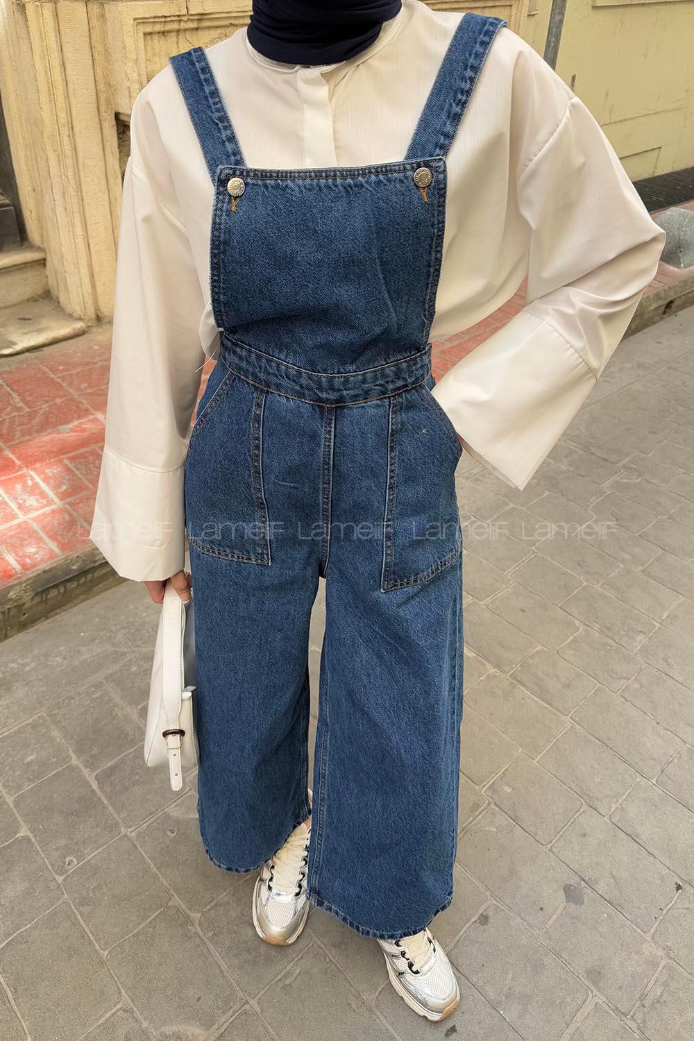 Dark Blue Pool Neck Denim Unprinted Overalls