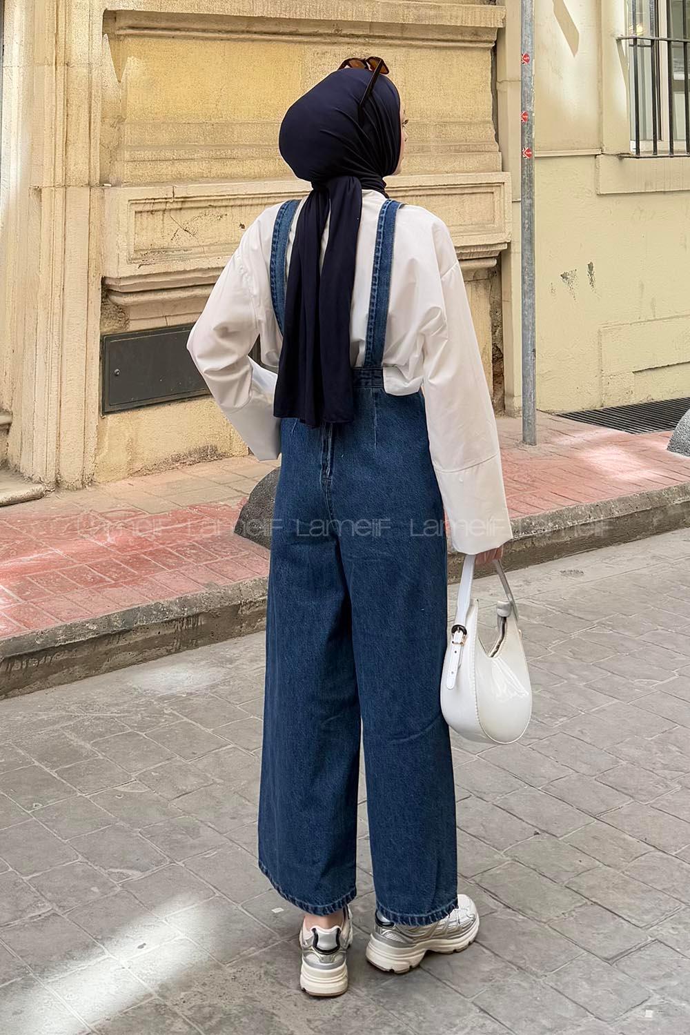 Dark Blue Pool Neck Denim Unprinted Overalls