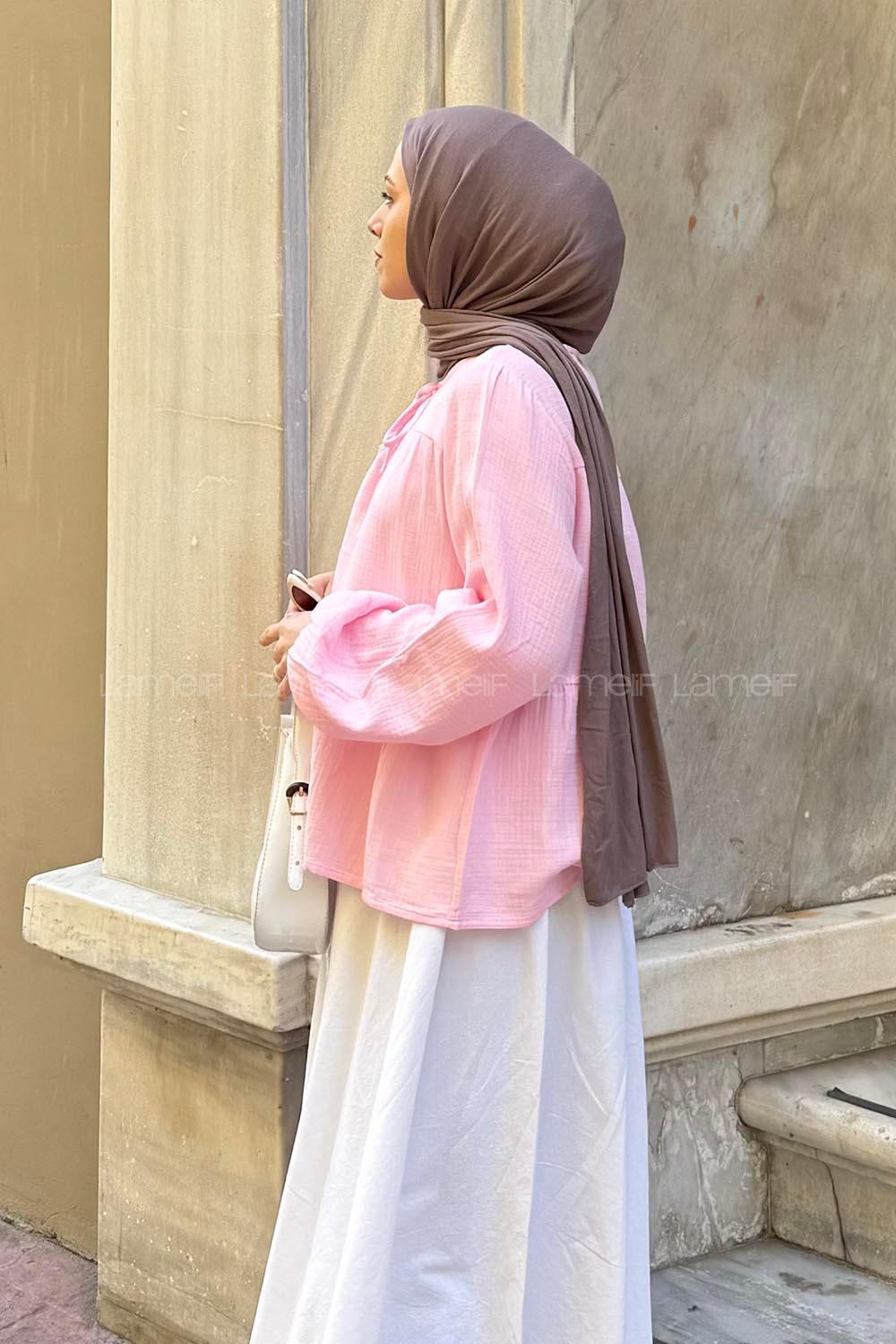 Lamelif Bağlama Detaylı Bluz Şeker Pembesi