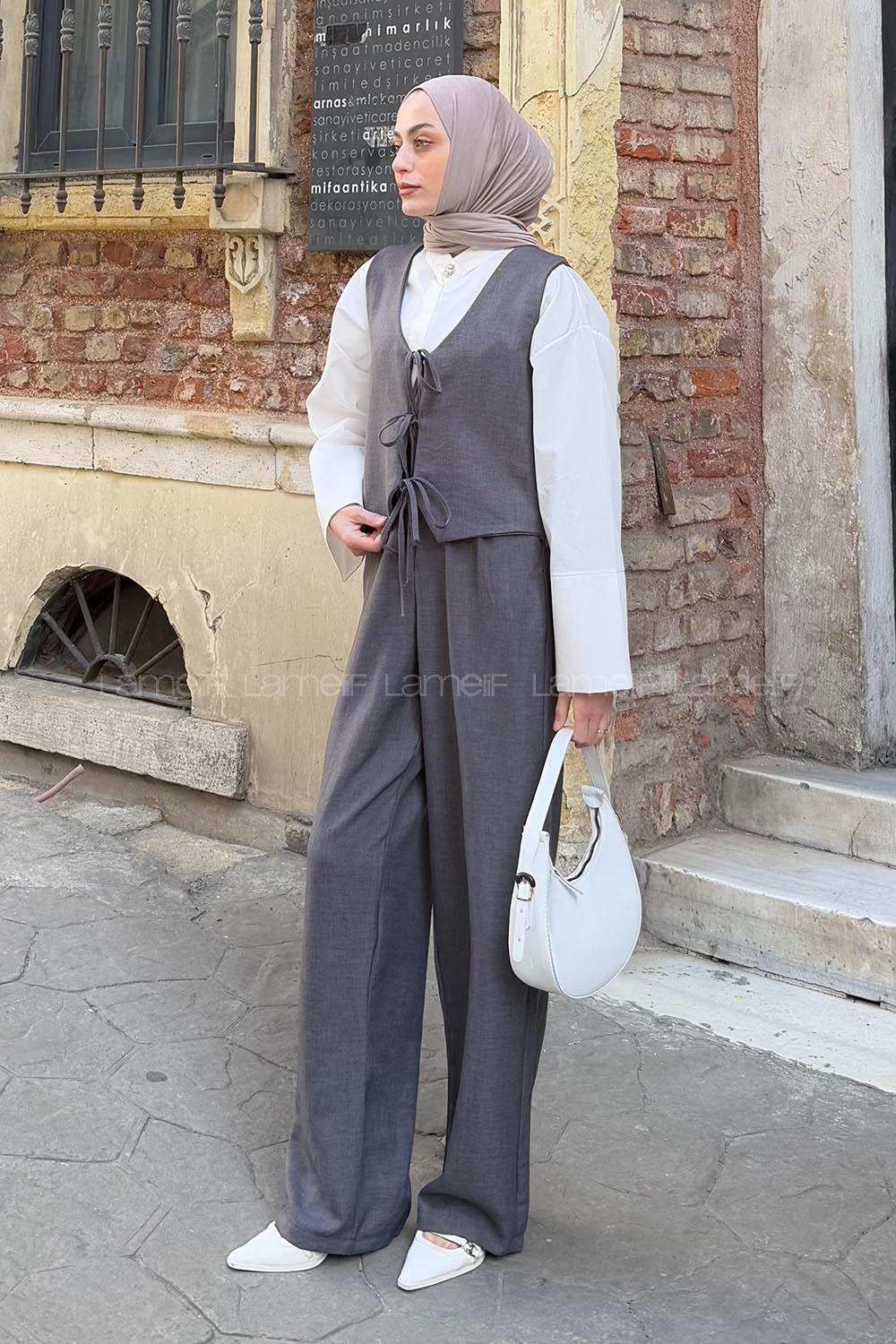 Lamelif Bağlama Detaylı Yelek-Pantolon İkili Takım Füme