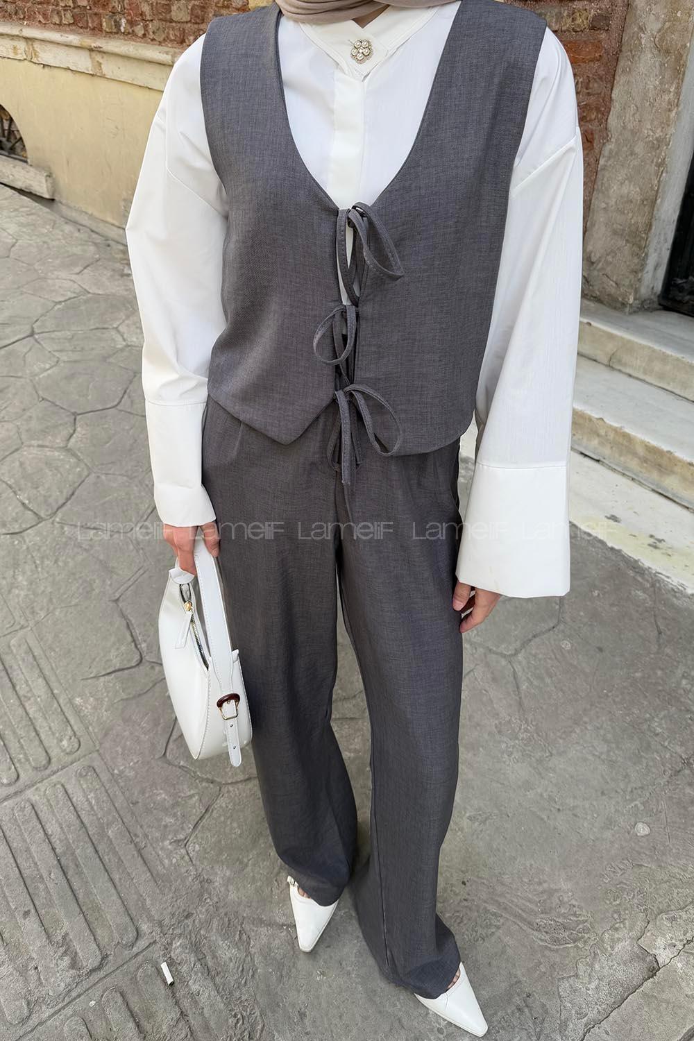 Lamelif Bağlama Detaylı Yelek-Pantolon İkili Takım Füme