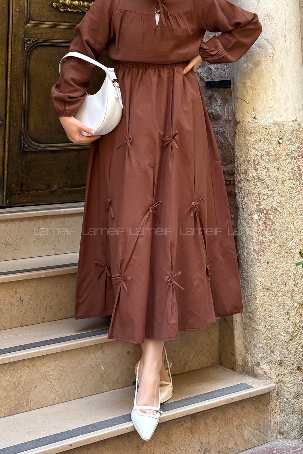 Lamelif Fiyonklu Etek Acı Kahve