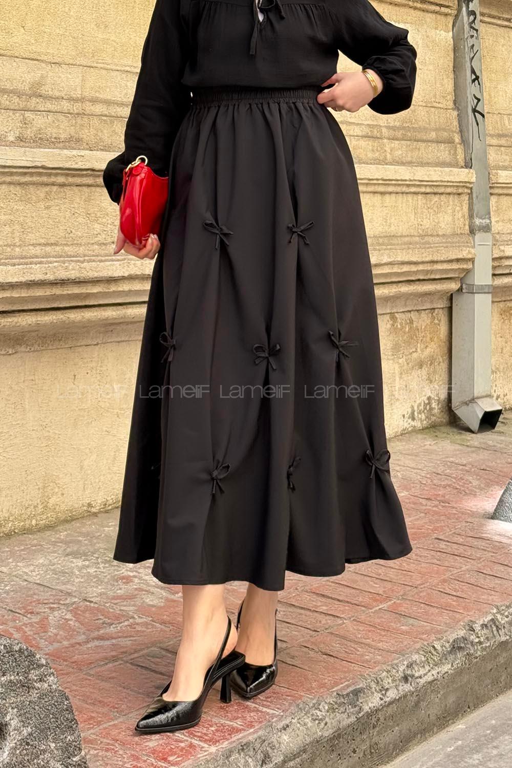 Lamelif Fiyonklu Etek Siyah