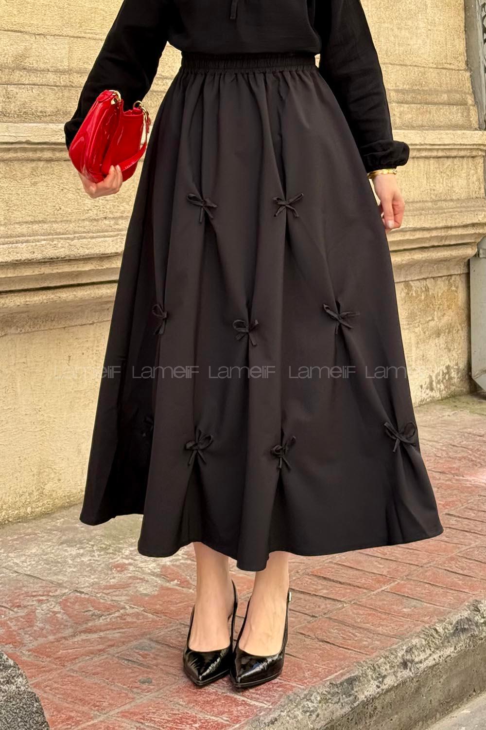 Lamelif Fiyonklu Etek Siyah