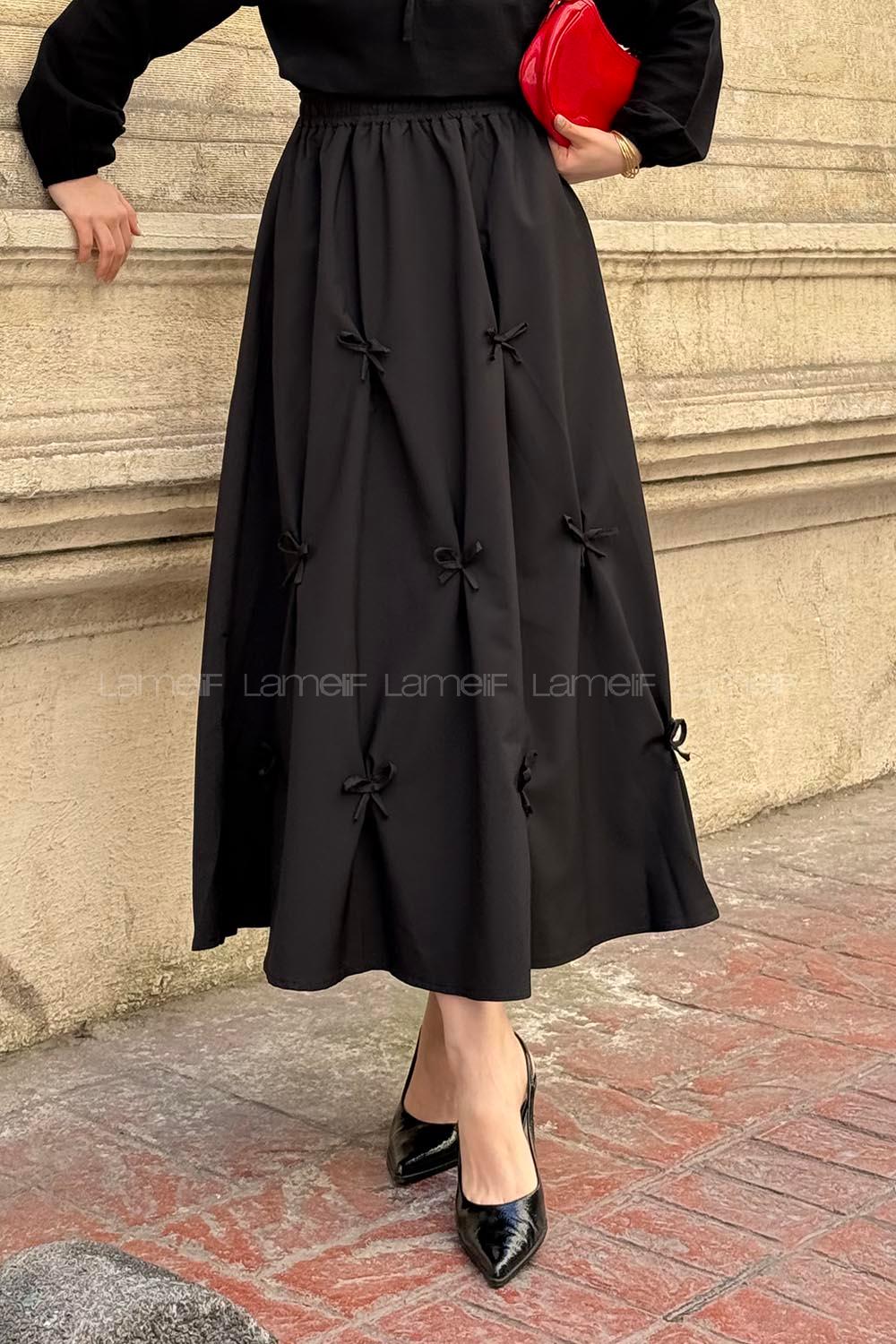 Lamelif Fiyonklu Etek Siyah