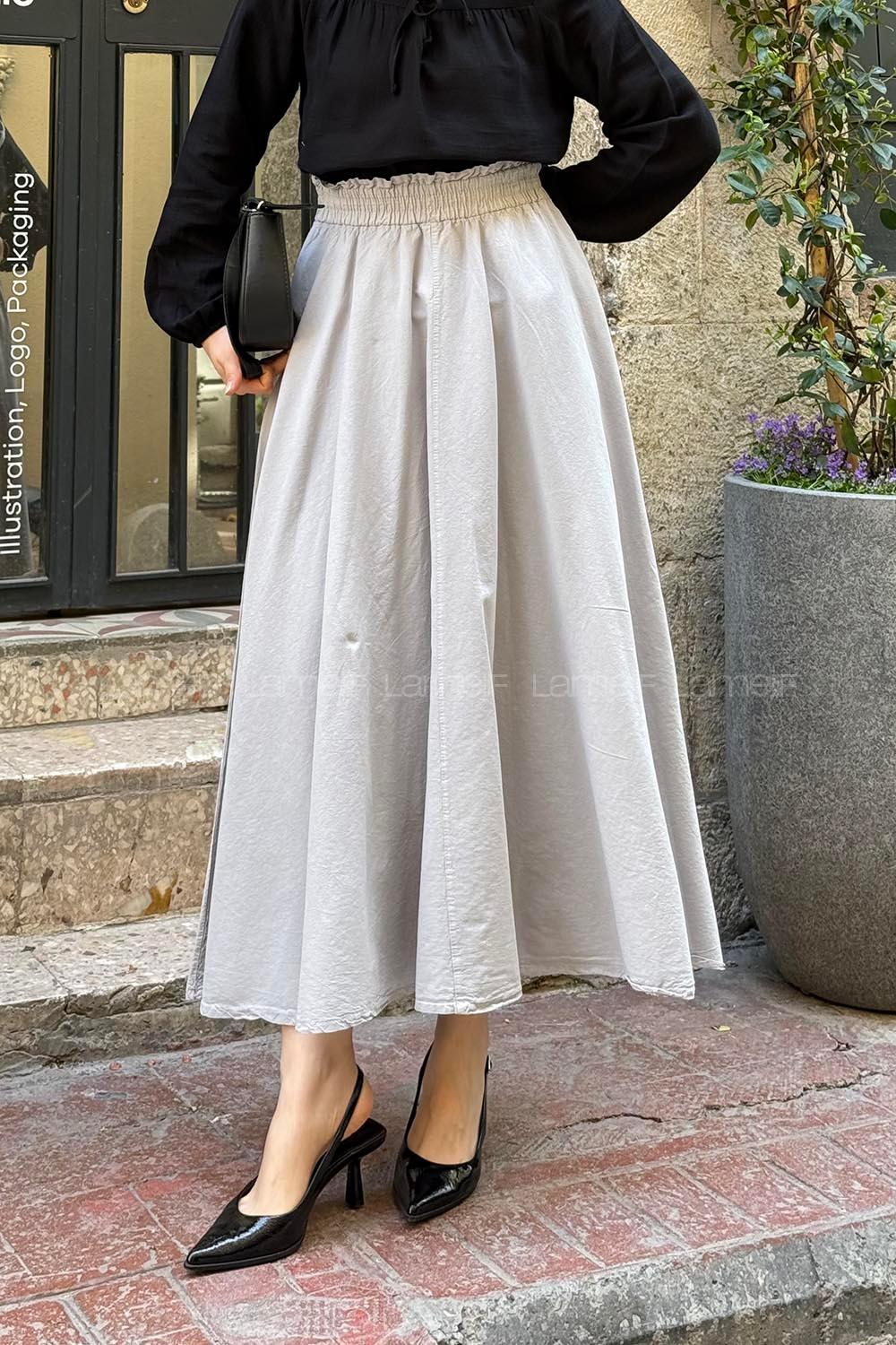 Lamelif Keten Düz Etek Gri