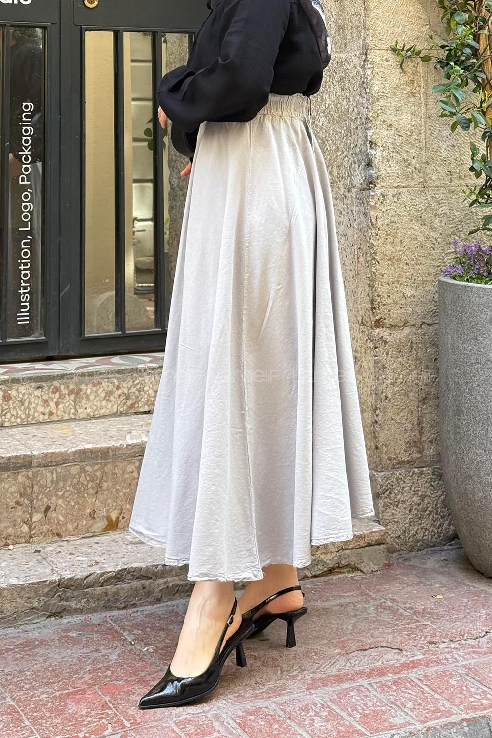 Lamelif Keten Düz Etek Gri