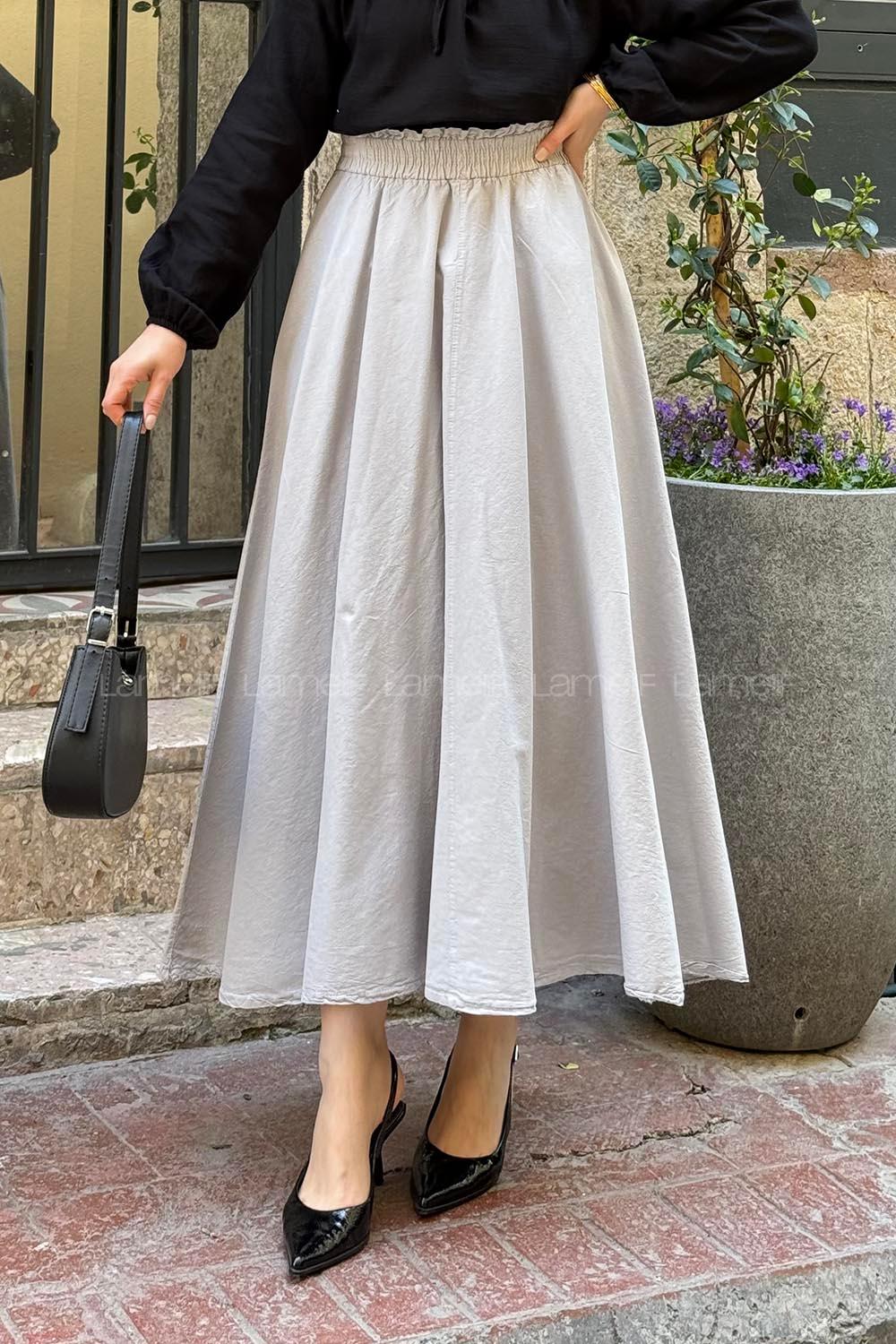 Lamelif Keten Düz Etek Gri