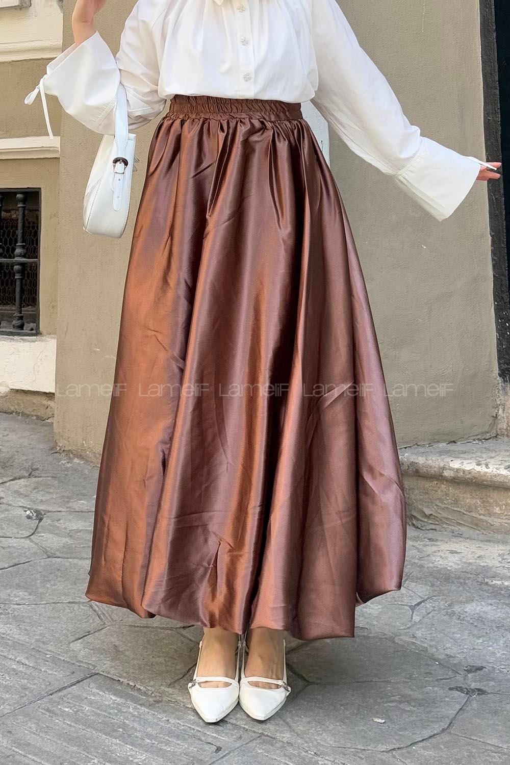 Lamelif Saten Tesettür Balon Etek Mocha Mousse