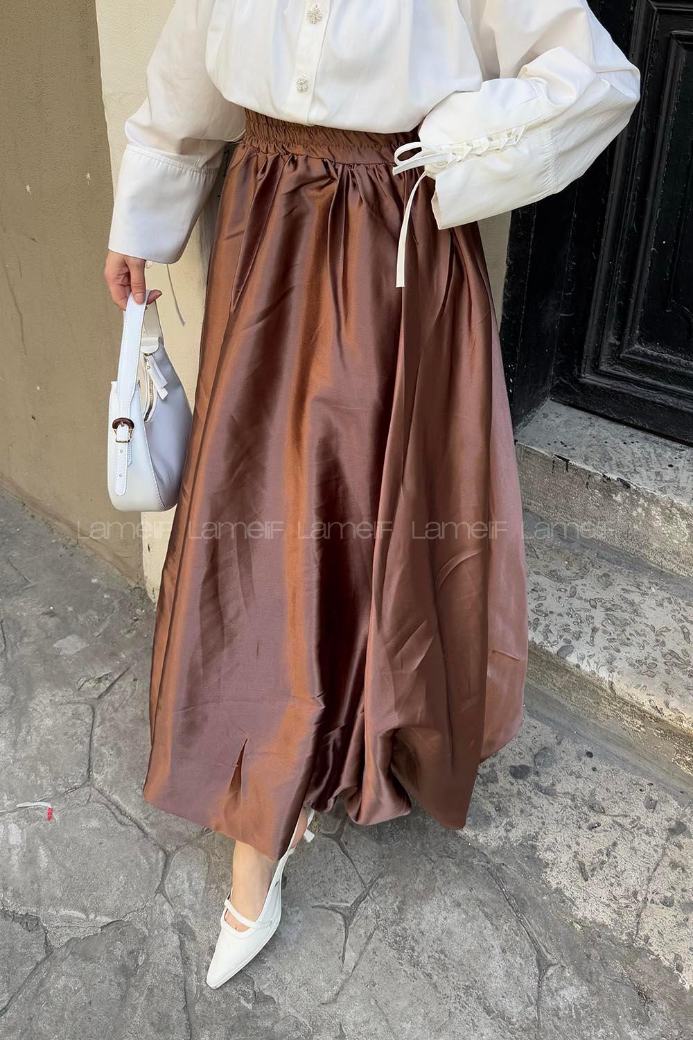 Lamelif Saten Tesettür Balon Etek Mocha Mousse