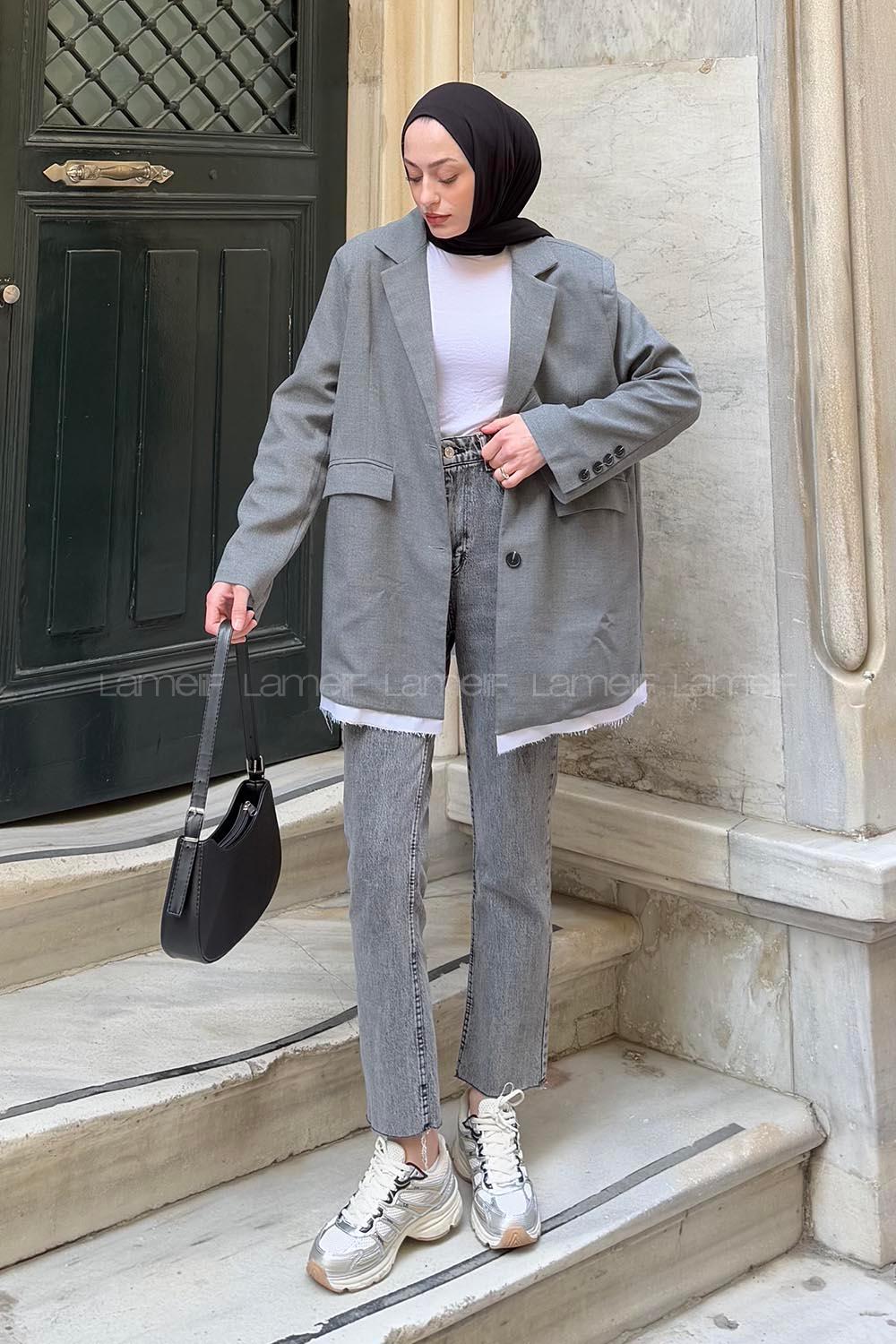Lamelif Baskılı Kruvaze Blazer Ceket Antrasit