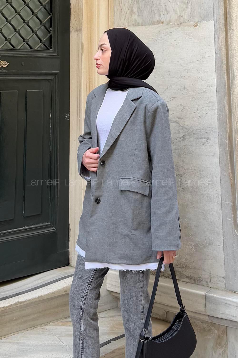 Lamelif Baskılı Kruvaze Blazer Ceket Antrasit