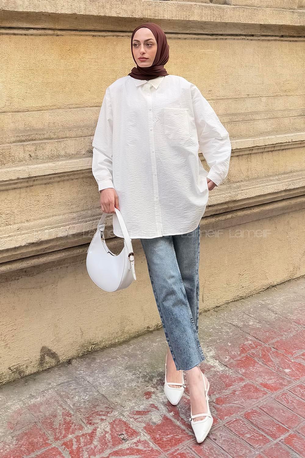 Lamelif Lena Oversize Gömlek Beyaz