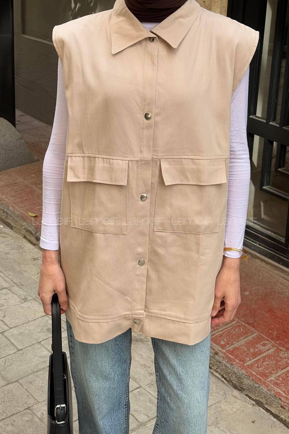 Lamelif Önü Çıtçıt Düğmeli Yelek Kum Beji
