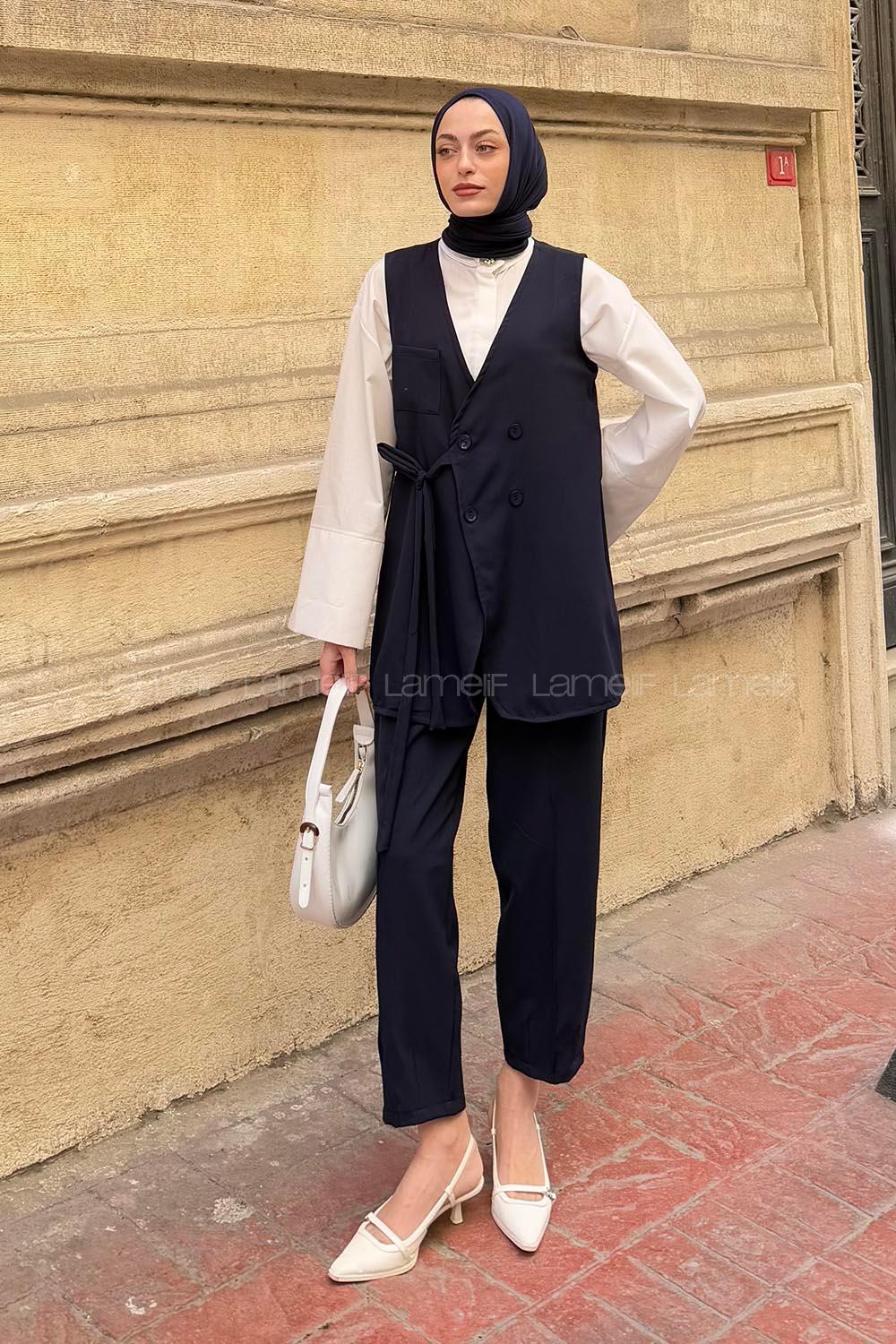 Navy Blue V Neck Sleeveless Arm Buttoned Cotton Polyester Regular Trousers Comfortable Suit