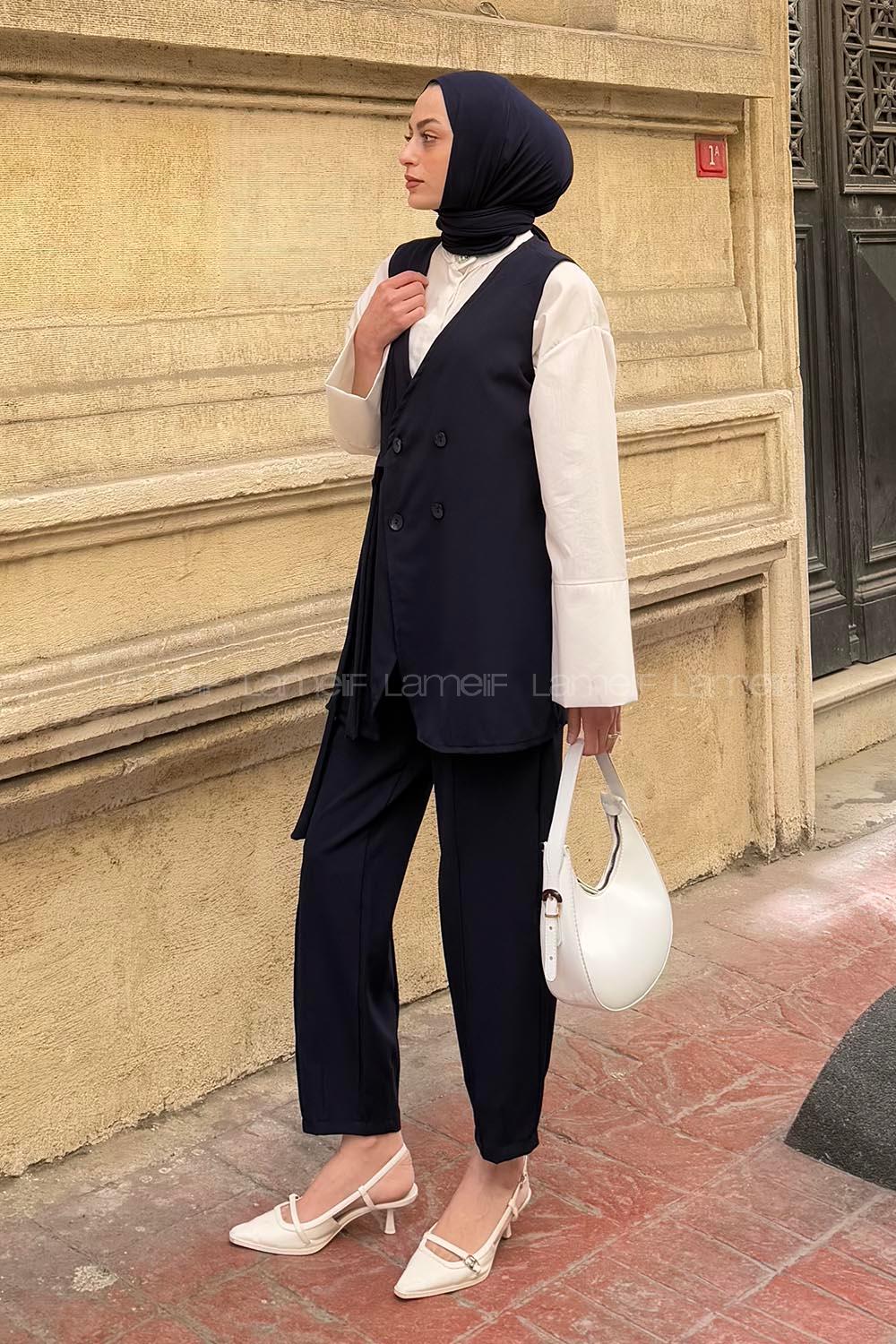 Navy Blue V Neck Sleeveless Arm Buttoned Cotton Polyester Regular Trousers Comfortable Suit