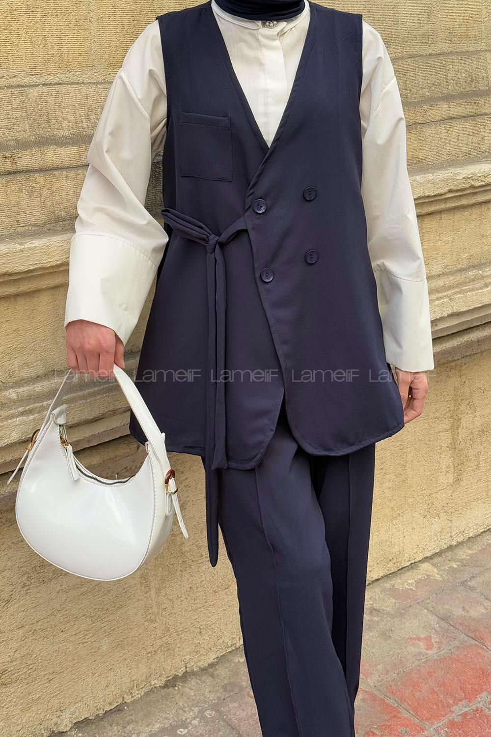 Navy Blue V Neck Sleeveless Arm Buttoned Cotton Polyester Regular Trousers Comfortable Suit