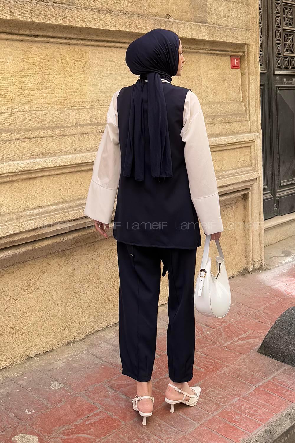 Navy Blue V Neck Sleeveless Arm Buttoned Cotton Polyester Regular Trousers Comfortable Suit