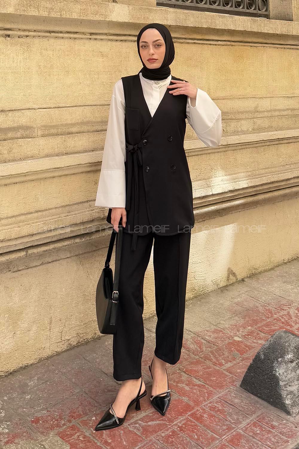 Lamelif Pantolon-Yelek İkili Tesettür Takım Siyah
