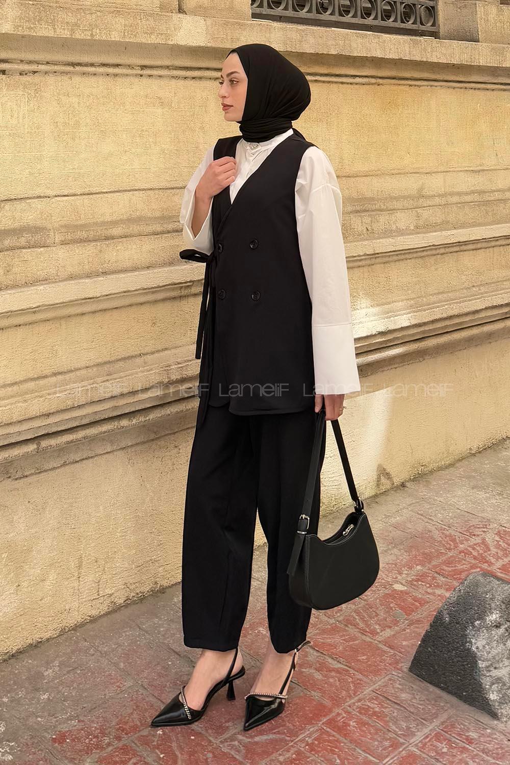 Lamelif Pantolon-Yelek İkili Tesettür Takım Siyah