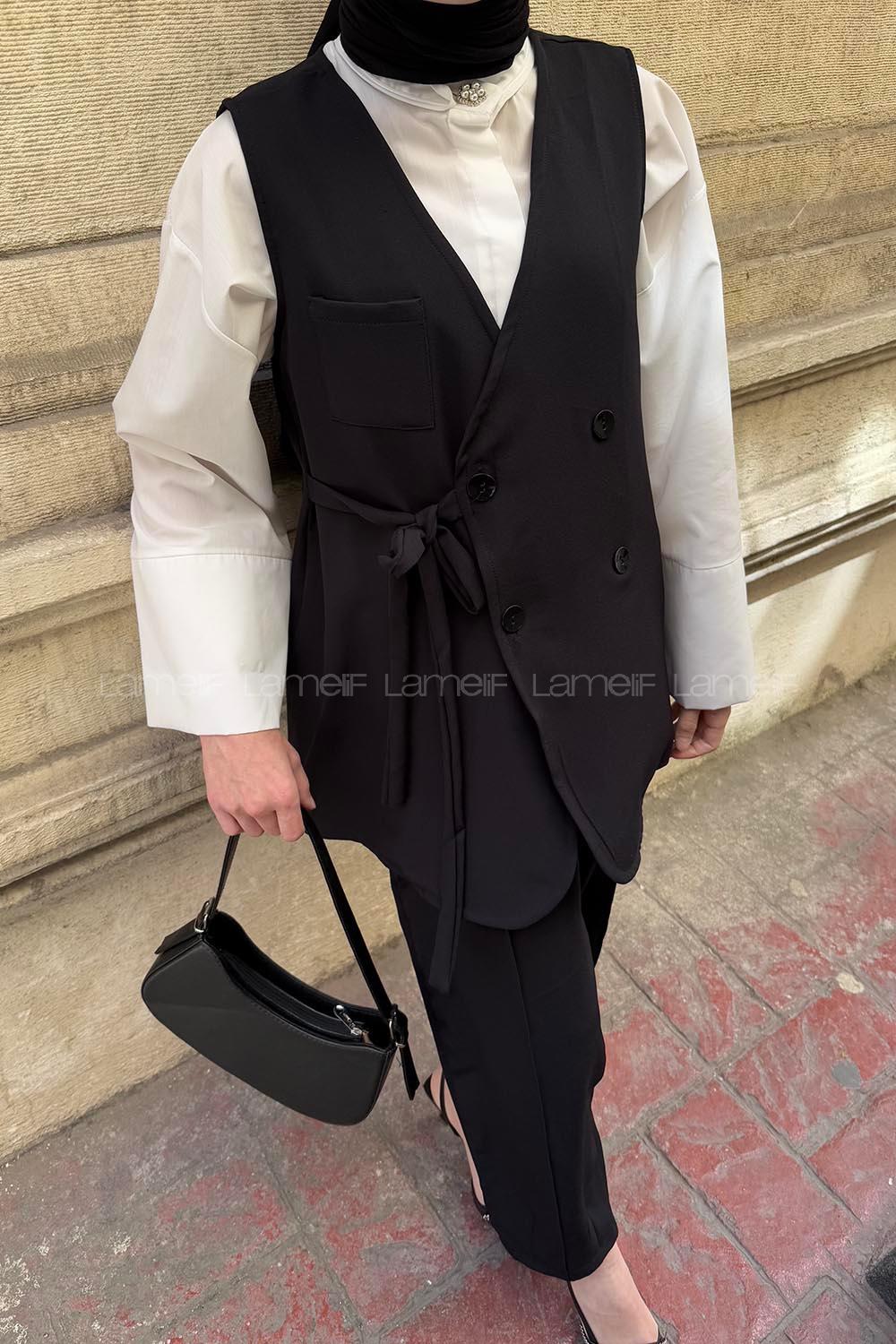 Lamelif Pantolon-Yelek İkili Tesettür Takım Siyah