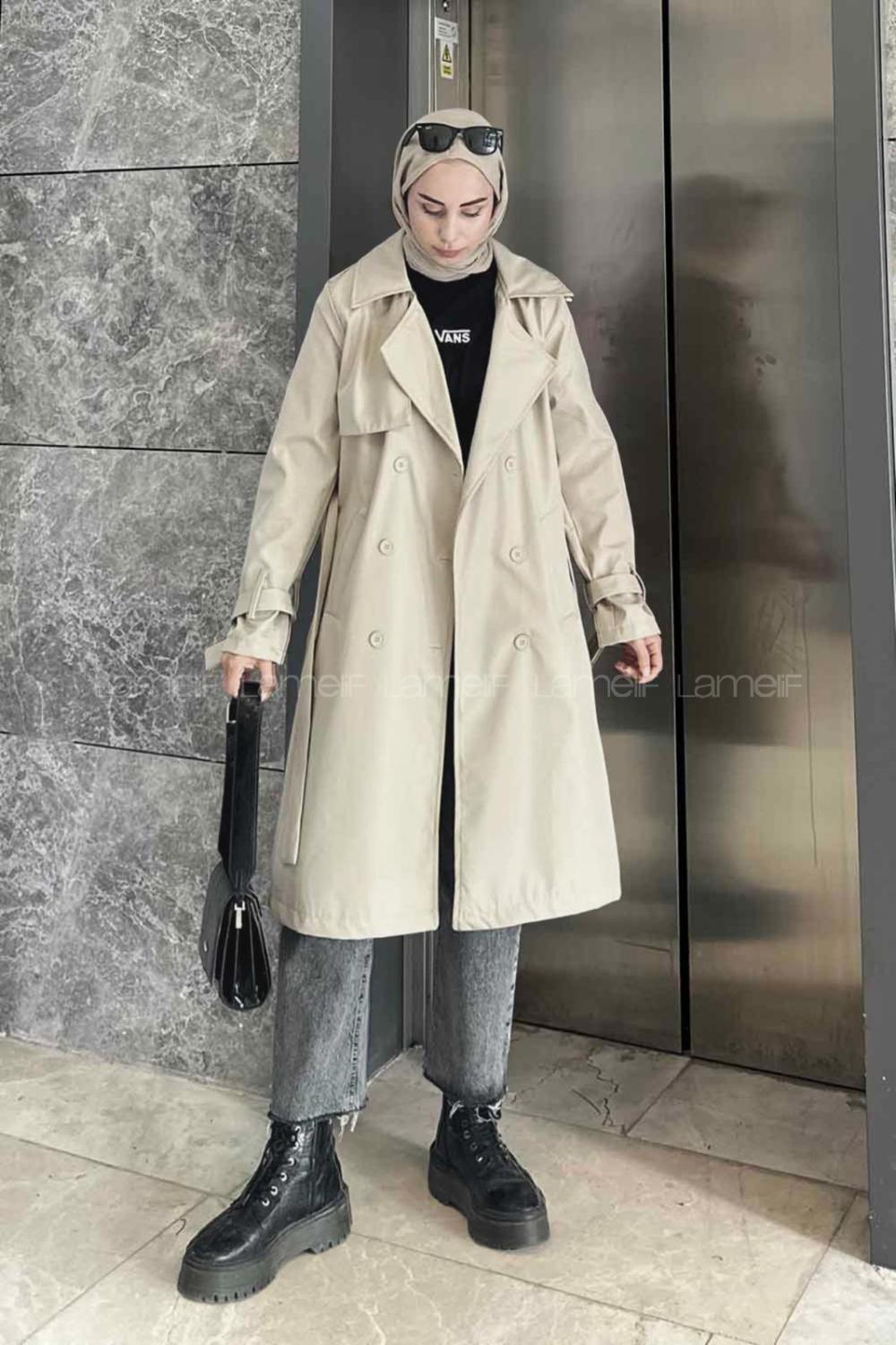 Lamelif Klasik Kuşaklı Trençkot Krem