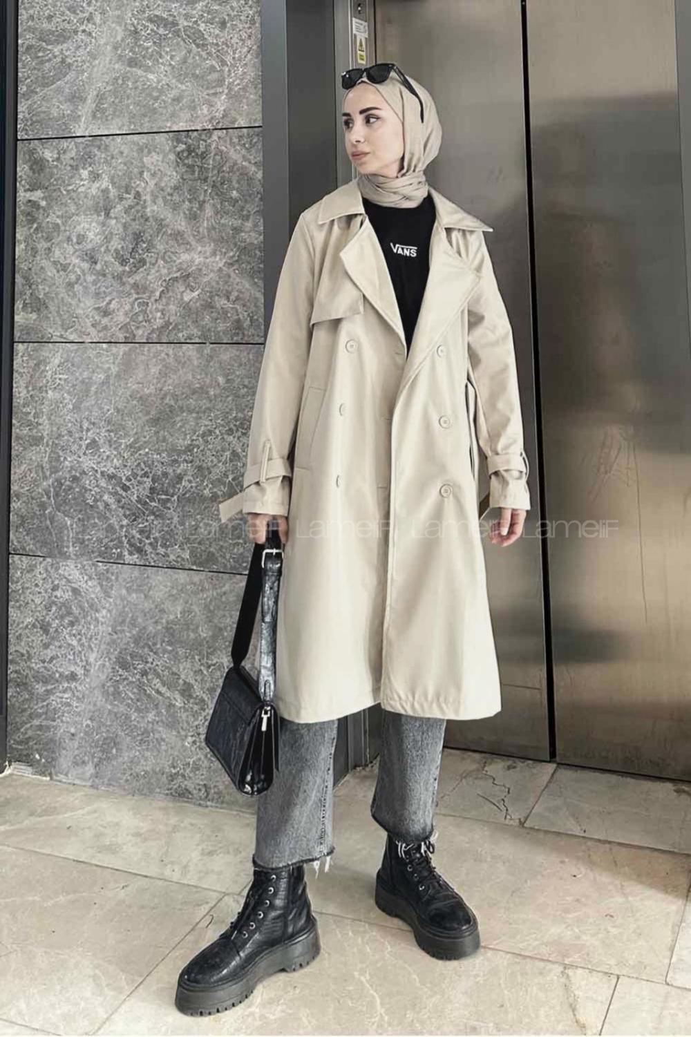 Lamelif Klasik Kuşaklı Trençkot Krem