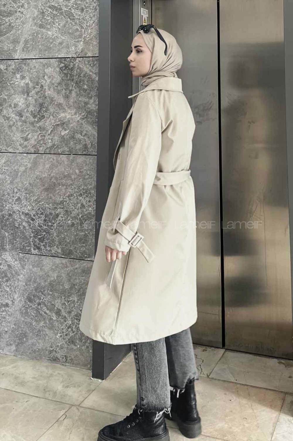 Lamelif Klasik Kuşaklı Trençkot Krem