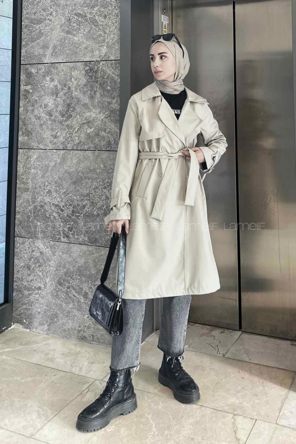 Lamelif Klasik Kuşaklı Trençkot Krem
