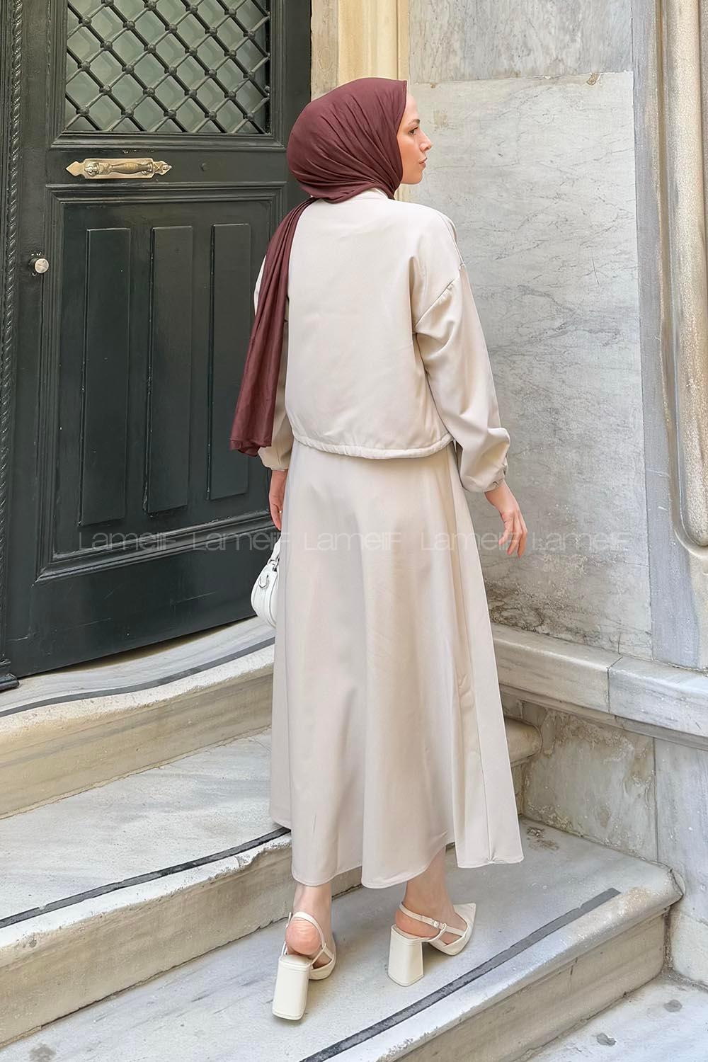 Lamelif Üç Bağcıklı Etekli Tesettür Takım Bej