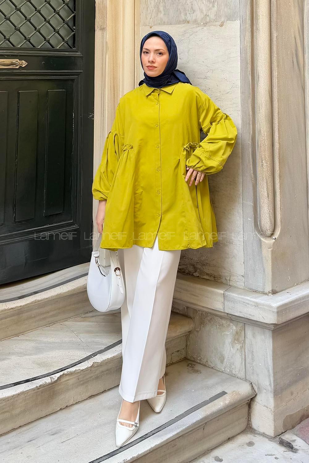 Oil Green Shirt Collar Linen Cotton Tunic