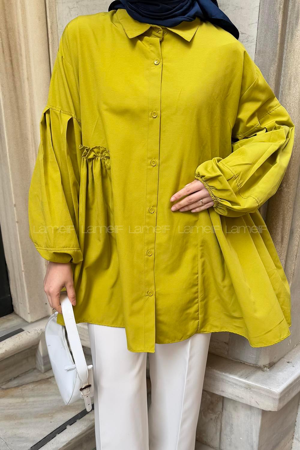 Oil Green Shirt Collar Linen Cotton Tunic