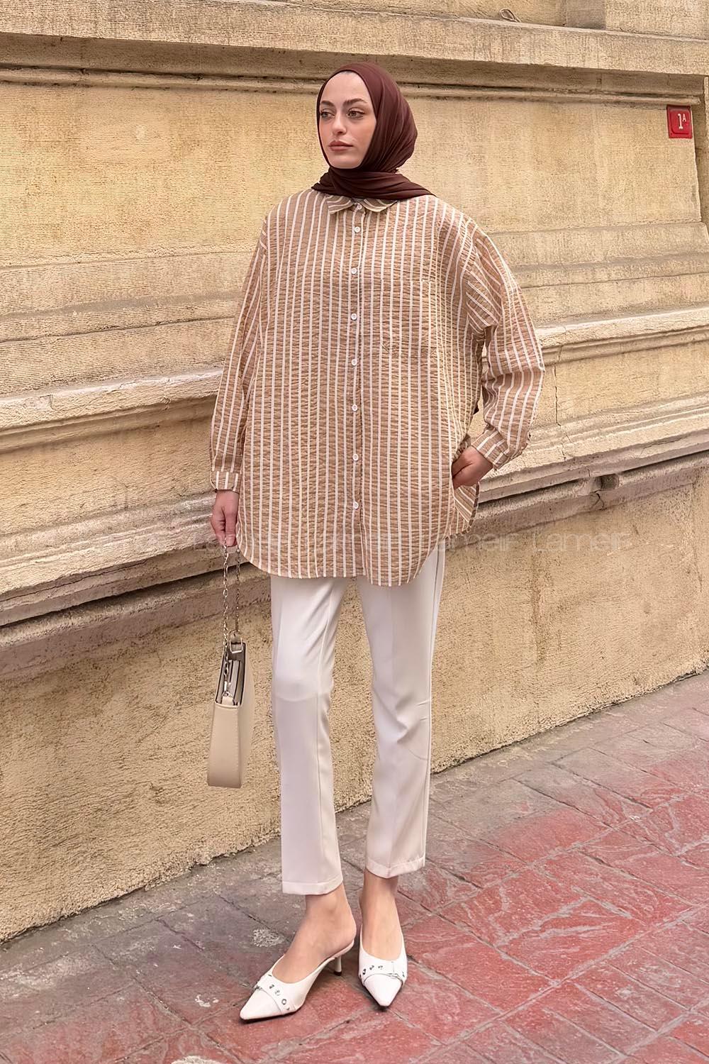 Lamelif Carla Çizgili Tesettür Gömlek Sütlü Kahve