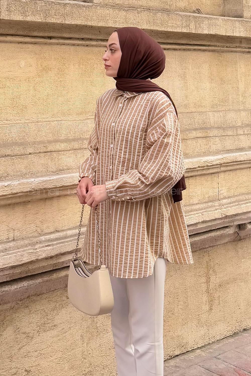 Lamelif Carla Çizgili Tesettür Gömlek Sütlü Kahve