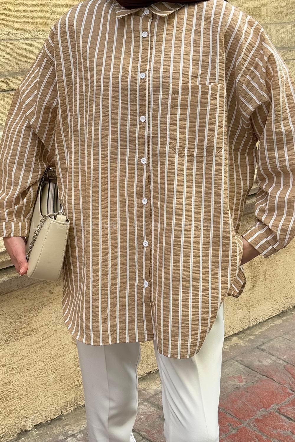 Lamelif Carla Çizgili Tesettür Gömlek Sütlü Kahve