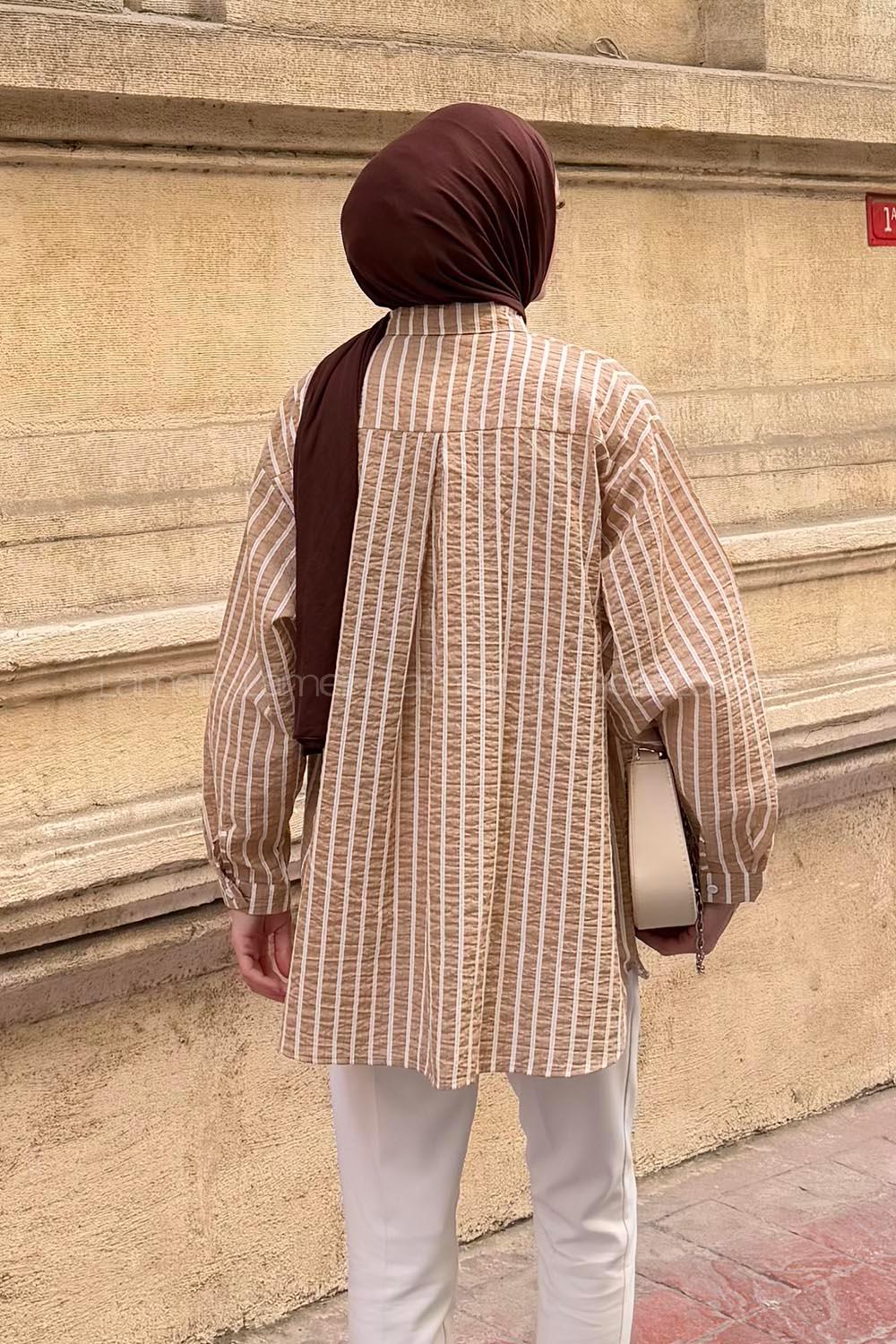 Lamelif Carla Çizgili Tesettür Gömlek Sütlü Kahve