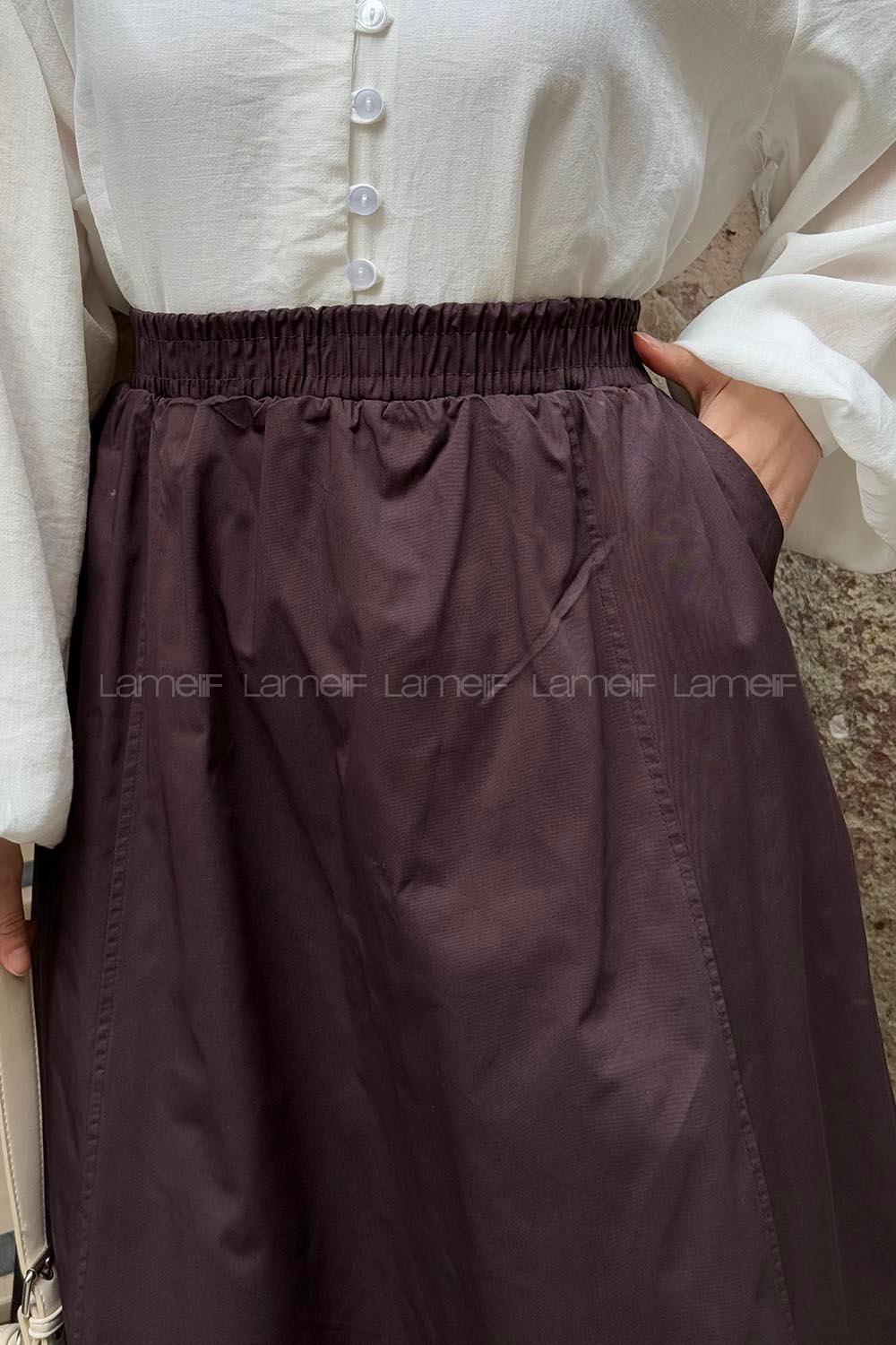 Lamelif Cep Detaylı Kloş Gabardin Etek Patlıcan Moru