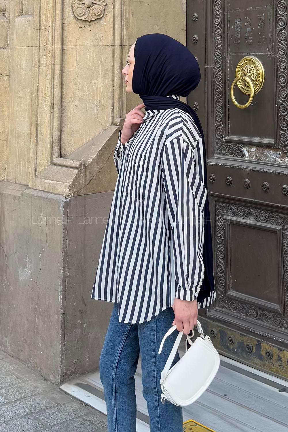 Lamelif Reina Çizgili Tesettür Gömlek Lacivert