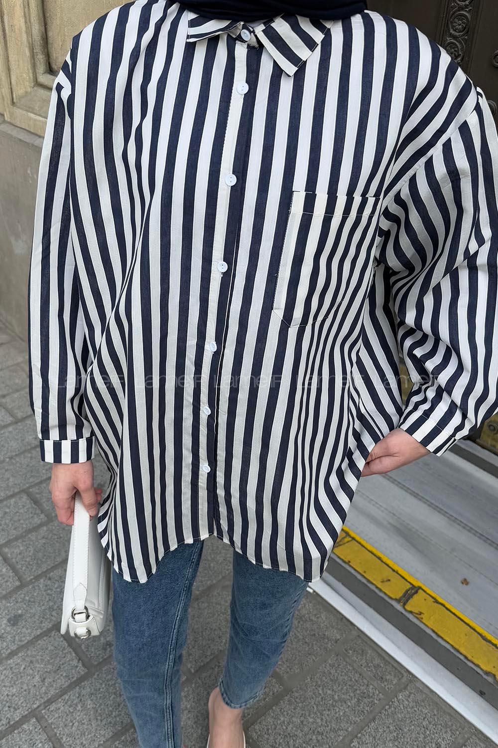 Lamelif Reina Çizgili Tesettür Gömlek Lacivert