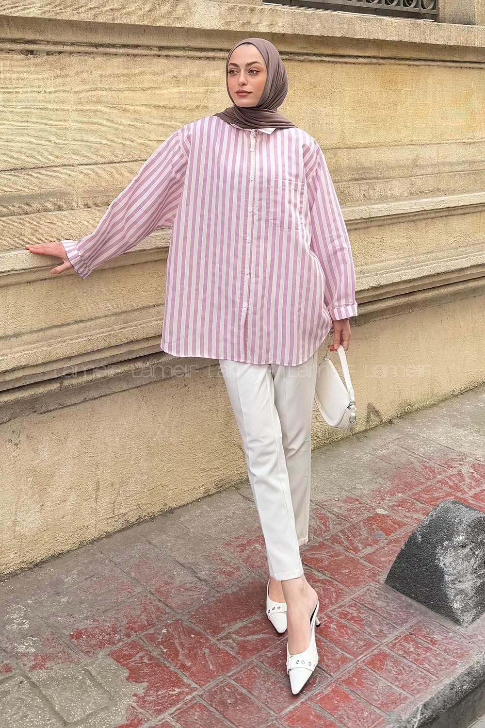 Lamelif Reina Çizgili Tesettür Gömlek Lila